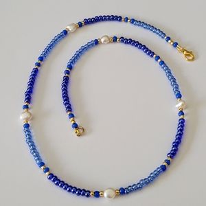 Freshwater Pearl and Blue Luster Seed Bead with Gold Beaded Necklace, Necklace